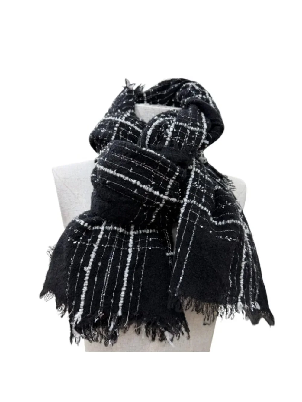 Chanel Cashmere Silk Blend CC Logo Ribbon Plaid Fringe Large Shawl Black Scarf